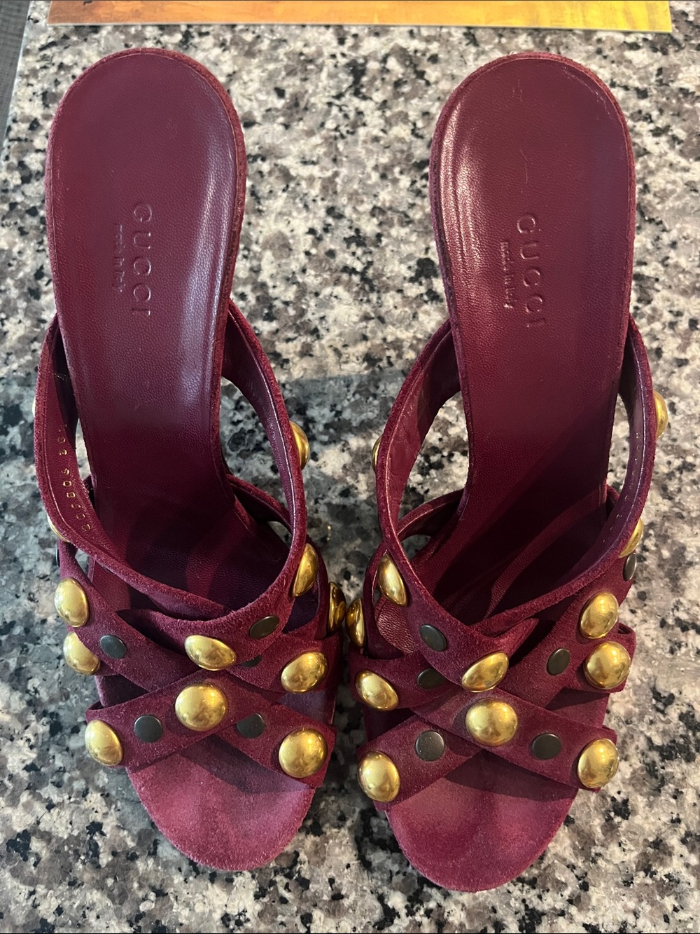 Gucci Burgundy Leather Cross-Strap Mules with Gold Studs